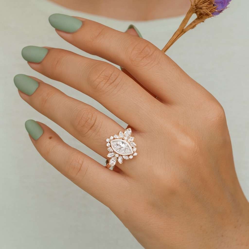 Marquise cut Lab Grown Diamond Engagement ring Marquise Cut Lab Grown Diamond Ring Charming Burst Cluster Halo Ring