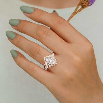 Marquise cut Lab Grown Diamond Engagement ring Marquise Cut Lab Grown Diamond Ring Charming Burst Cluster Halo Ring