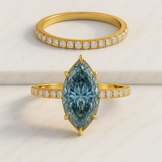 Marquise cut Lab Grown Diamond Ring Blue color Marquise Cut Diamond Ring 14k Gold Engagement Ring 4 Prong Marquise Blue Lab Diamond Ring