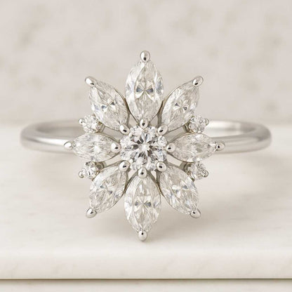 Marquise cut moissanite engagement ring yellow gold Unique cluster seven stone diamond ring Anniversary promise bridal ring gift for her