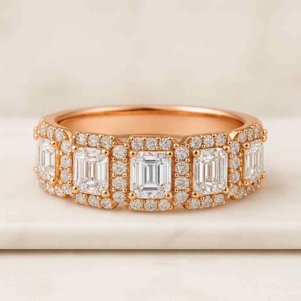 Emerald Diamond Ring Set Stacked Engagement Ring Emerald and Round Lab Grown Diamond Wedding Band