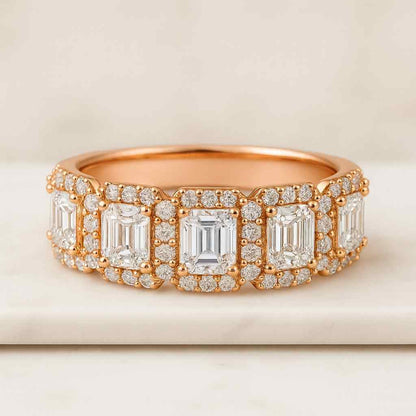 Emerald Diamond Ring Set Stacked Engagement Ring Emerald and Round Lab Grown Diamond Wedding Band