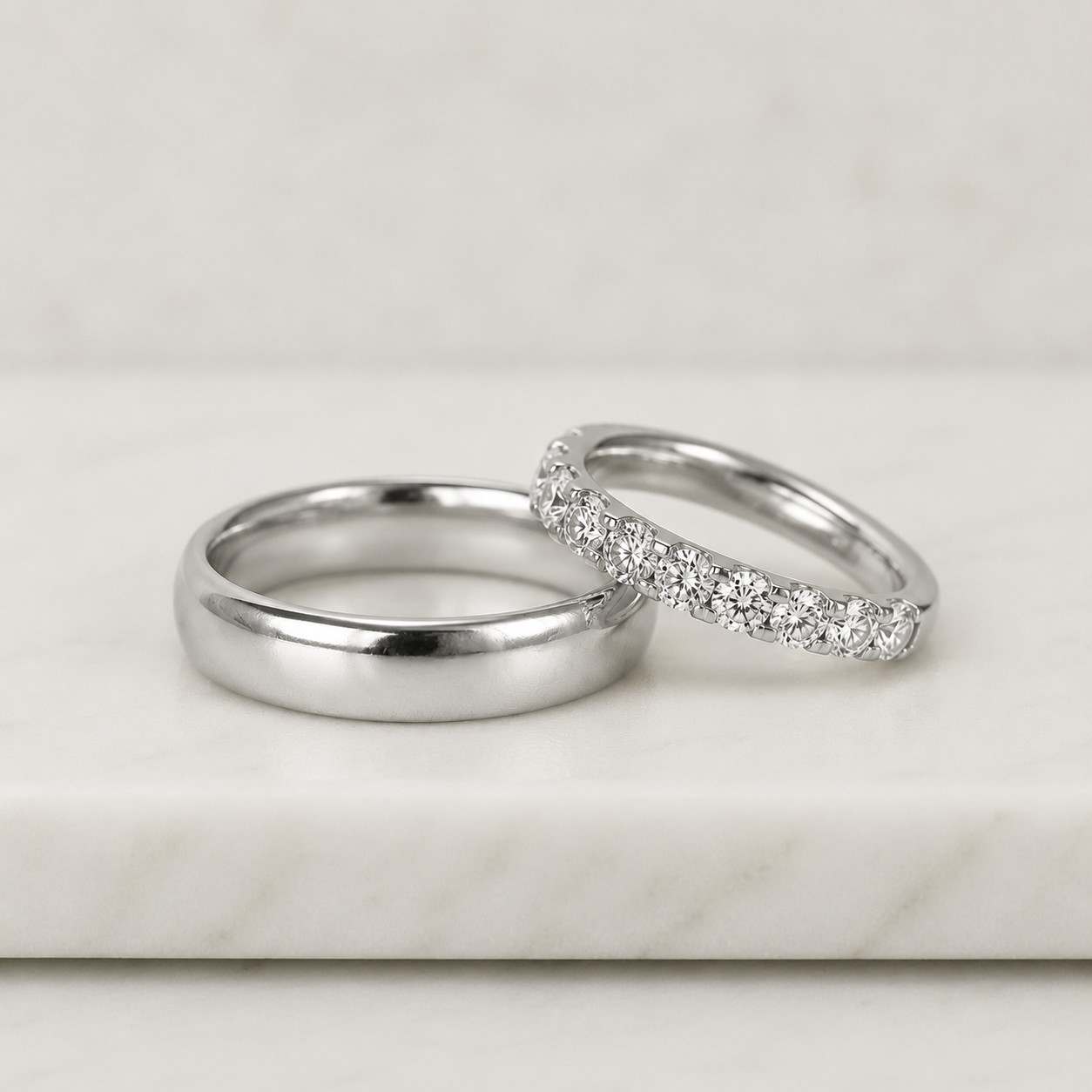 Matching Couple Wedding Ring Set 14K Gold, High Polish Dome Men's Band and Diamond Half Eternity Women's Band, His and Hers Wedding Rings
