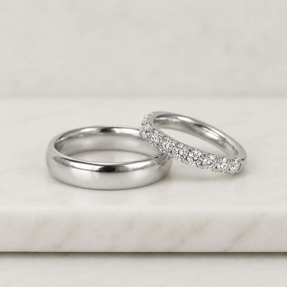 Matching Couple Wedding Ring Set 14K Gold, High Polish Dome Men's Band and Diamond Half Eternity Women's Band, His and Hers Wedding Rings
