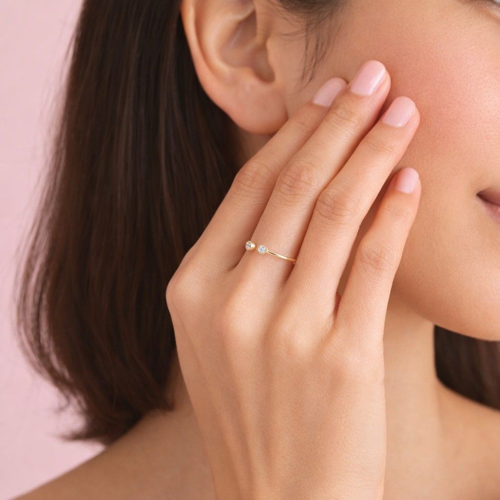 bezel set diamond open ring 14k solid gold adjustable minimalist cuff ring double round diamond dainty ring gift for her
