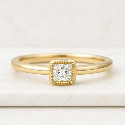 14K Solid White Gold Art Deco Full Eternity Band Milgrain Wedding Band Princess Cut Colorless Moissanite Engagement Ring