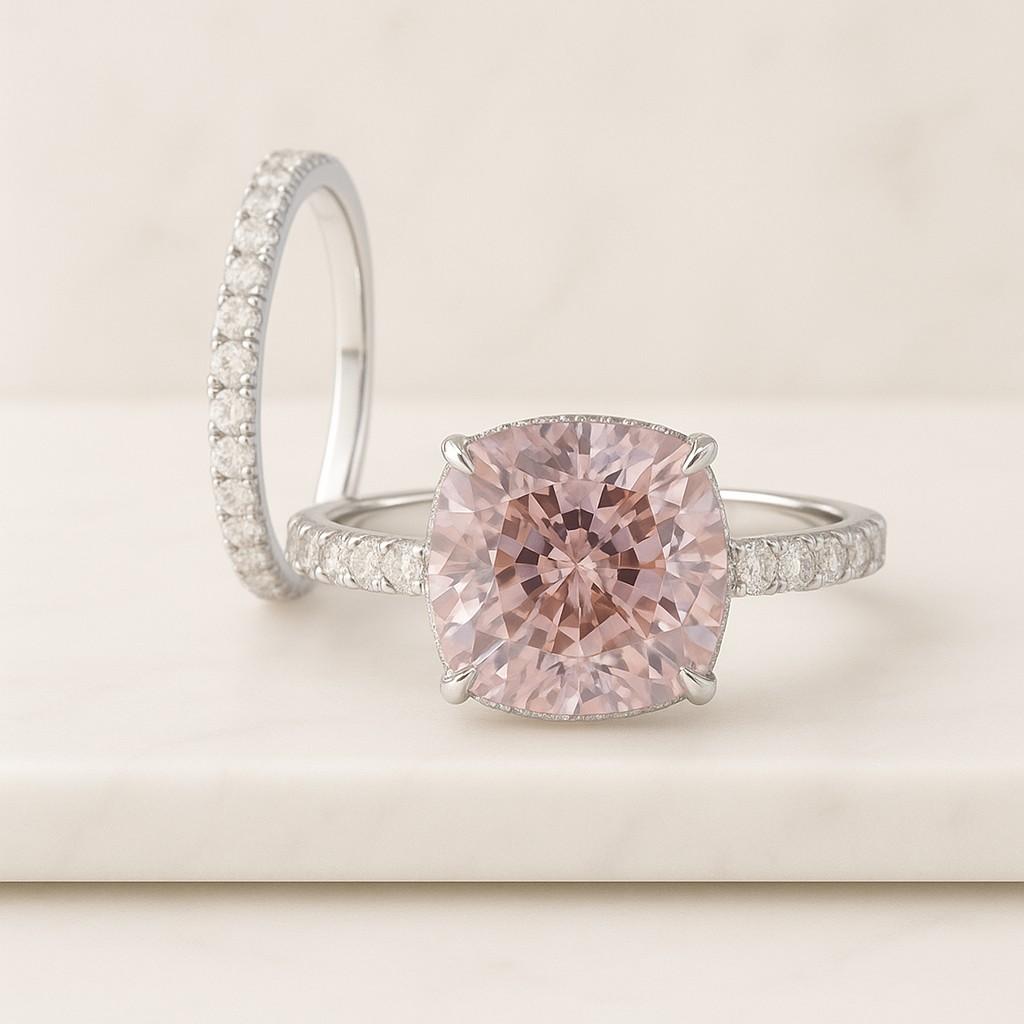 Milgrain Bezel Set Stone Eternity Band With Art Deco Cushion Cut Halo Ring