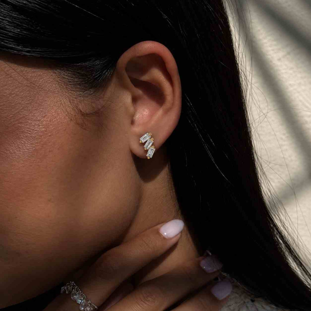 mini baguette screw back stud earring, dainty baguette lab grown diamond earring, 14k solid gold diamond stud piercing, single stud or pair
