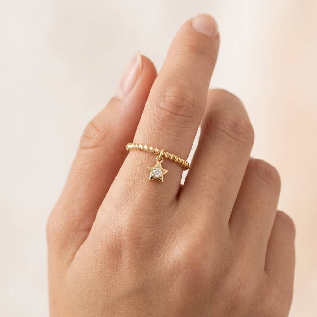 minimal star ring - solid gold dainty beaded band, cz diamond celestial jewelry
