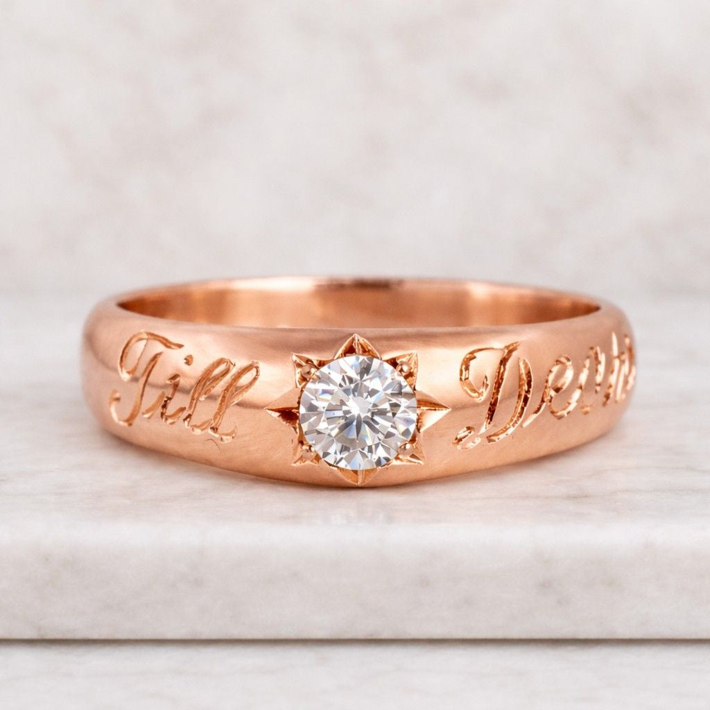 custom engraved round diamond 'till death' ring, star engraved diamond ring stackable band ring dome statement ring promise ring for her
