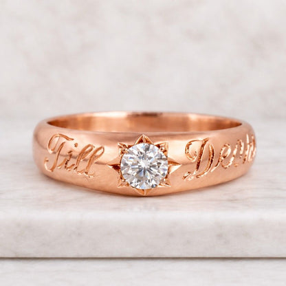 Custom Engraved Round Diamond 'Till Death' Ring, Star Engraved Diamond Ring Stackable Band Ring Dome Statement Ring Promise Ring For Her
