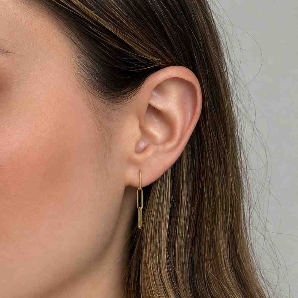 Minimalist 10k 14K Gold Paperclip Chain Drop Earrings, Double-Link Design