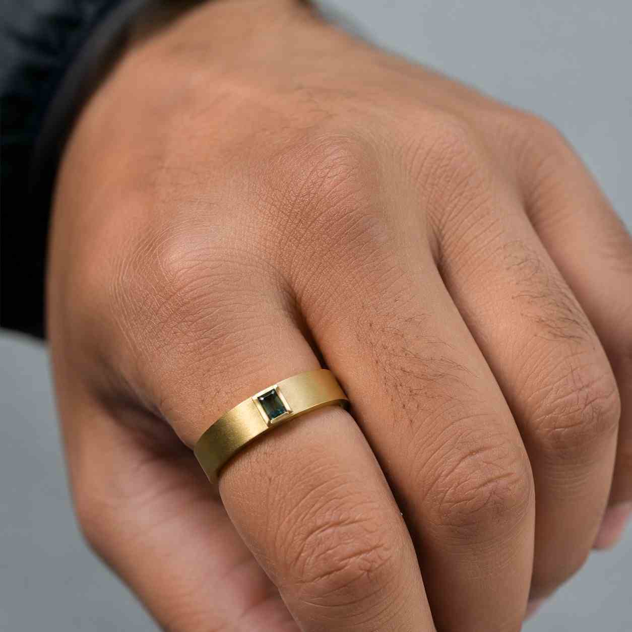 Minimalist Baguette Green Lab Diamond Signet Ring, Solid Gold, Modern Husband Gift