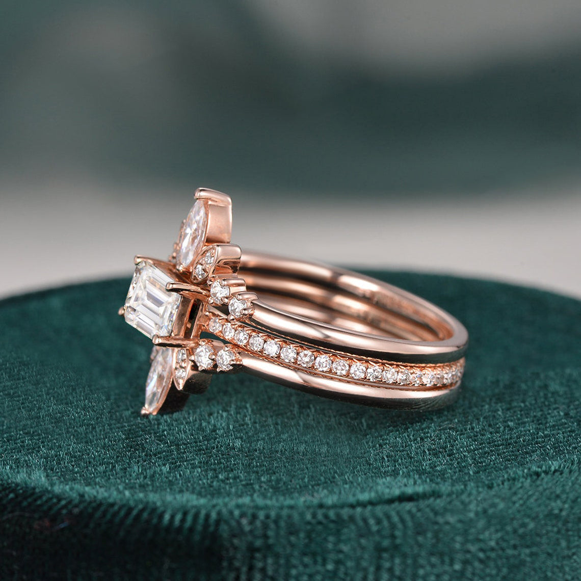 Minimalist Emerald Cut Moissanite Engagement Ring Set