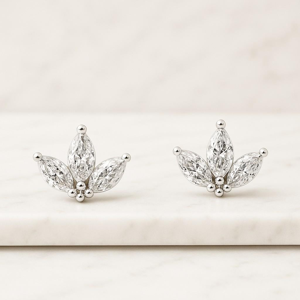 Mixed Cut Lab Grown Diamond Stud Earrings, Solid Gold Marquise & Round Diamond Studs