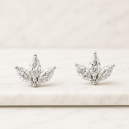 Mixed Cut Lab Grown Diamond Stud Earrings, Solid Gold Marquise & Round Diamond Studs