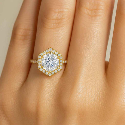 Modern Hexagon Cut Moissanite Engagement Ring 14K Solid Gold Wedding Ring Half Eternity Pave Diamond Band Geometric Promise Ring for Love