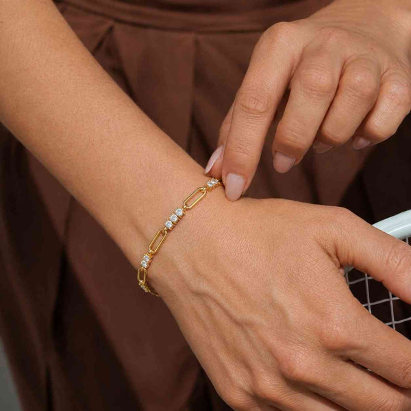 Modern Lab Diamond Paperclip Link Bracelet, 14k Gold Lab Grown Pavé Link Chain, Geometric Octagon Clasp, Modern Stackable Fine Jewelry