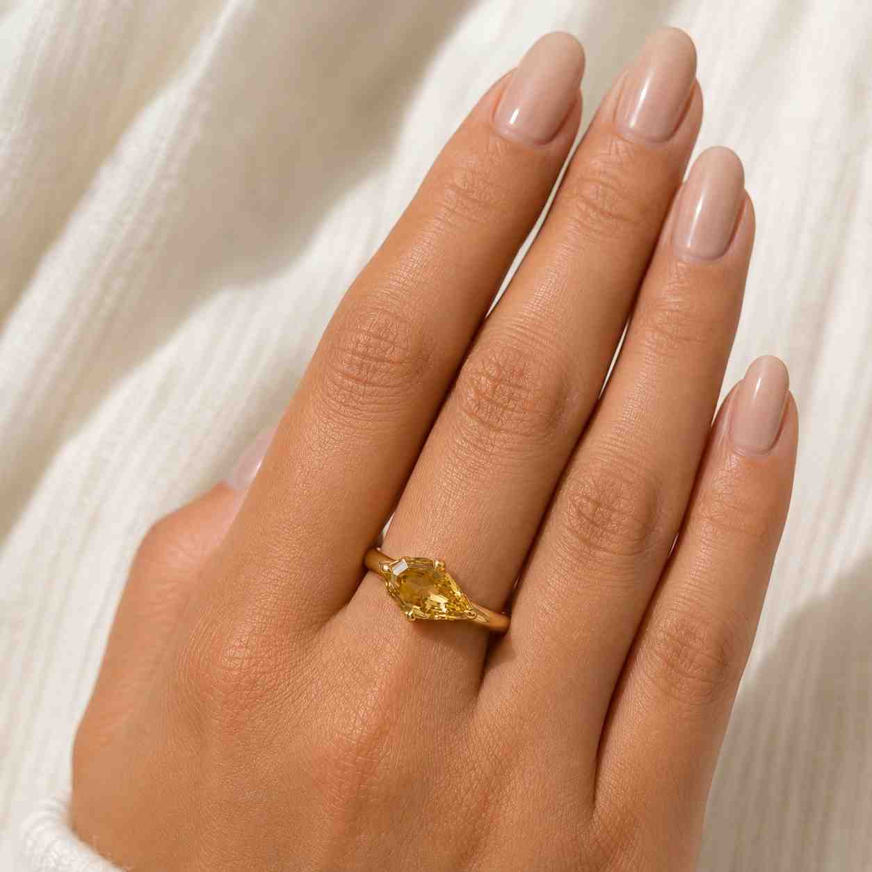 Modern Split Shank Engagement Ring, Pear Step Cut Lab Grown Diamond Ring, Minimalist Solitaire Ring, 14K Yellow Gold Antique Handmade Ring