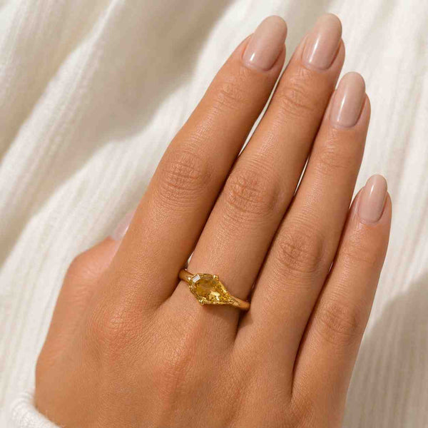 Modern Split Shank Engagement Ring, Pear Step Cut Lab Grown Diamond Ring, Minimalist Solitaire Ring, 14K Yellow Gold Antique Handmade Ring