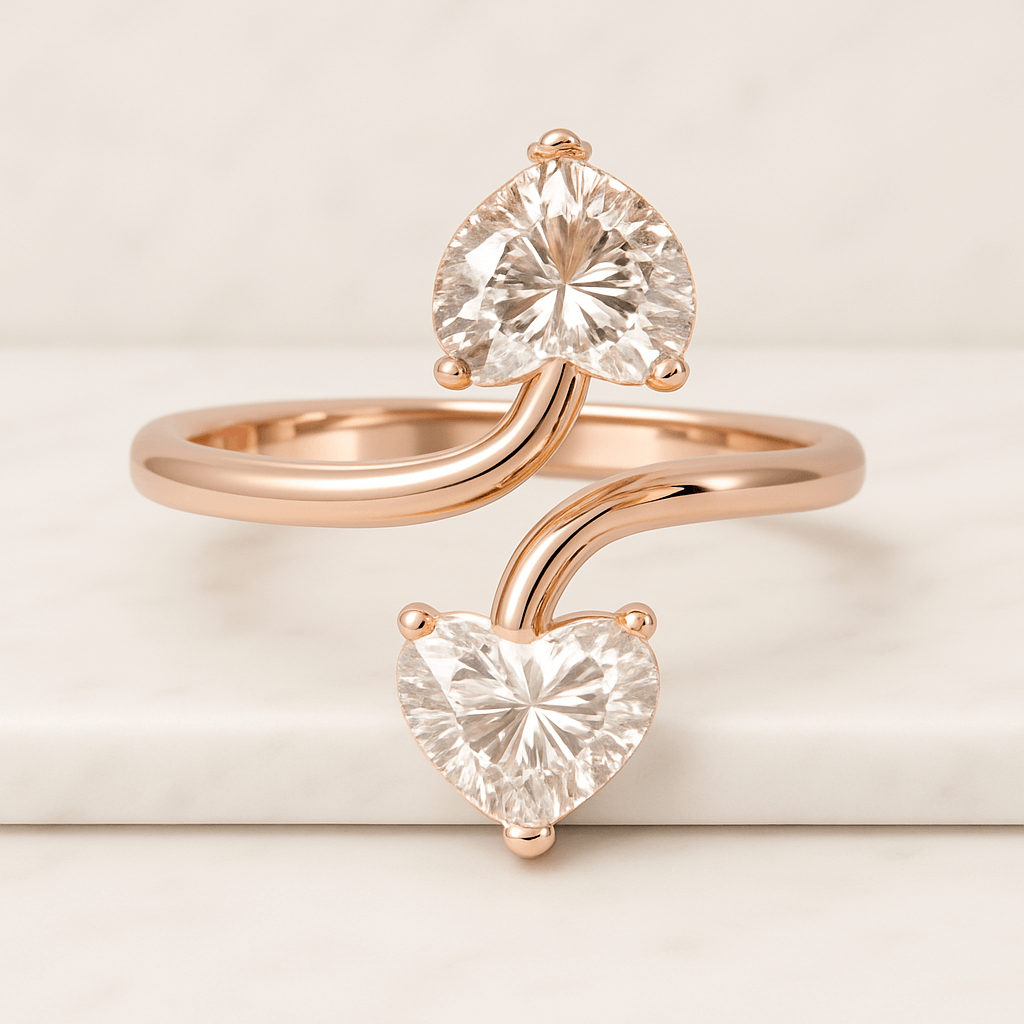 Moissanite Toi Et Moi Ring Pear Heart Cut Solid Gold or Sterling Silver