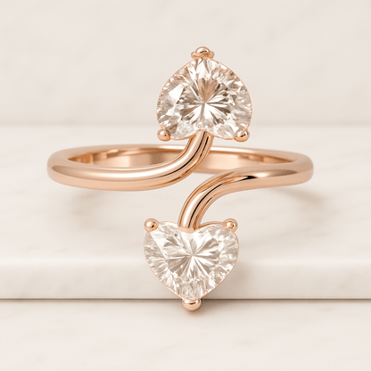 Moissanite Toi Et Moi Ring Pear Heart Cut Solid Gold or Sterling Silver