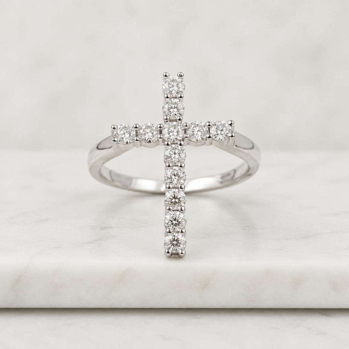 Moissanite Diamond Cross Ring, 14K Solid Gold Round Cut Christian Jewelry
