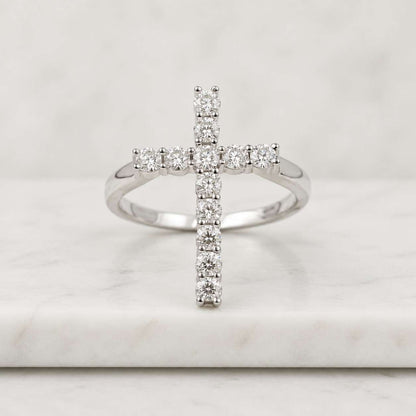 Moissanite Diamond Cross Ring, 14K Solid Gold Round Cut Christian Jewelry
