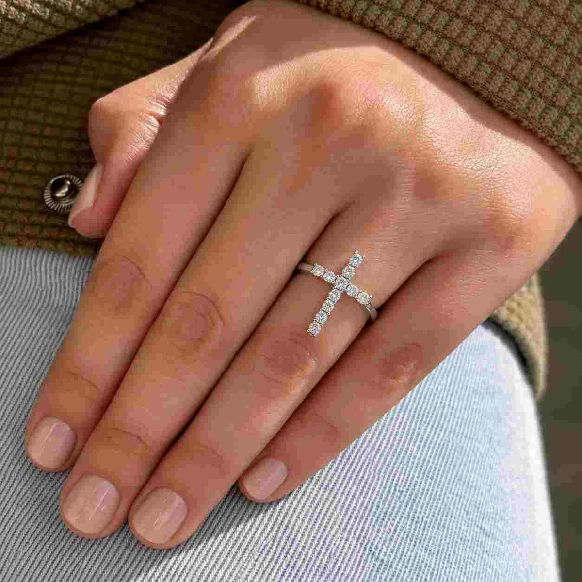 Moissanite Diamond Cross Ring, 14K Solid Gold Round Cut Christian Jewelry

