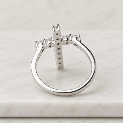 Moissanite Diamond Cross Ring, 14K Solid Gold Round Cut Christian Jewelry
