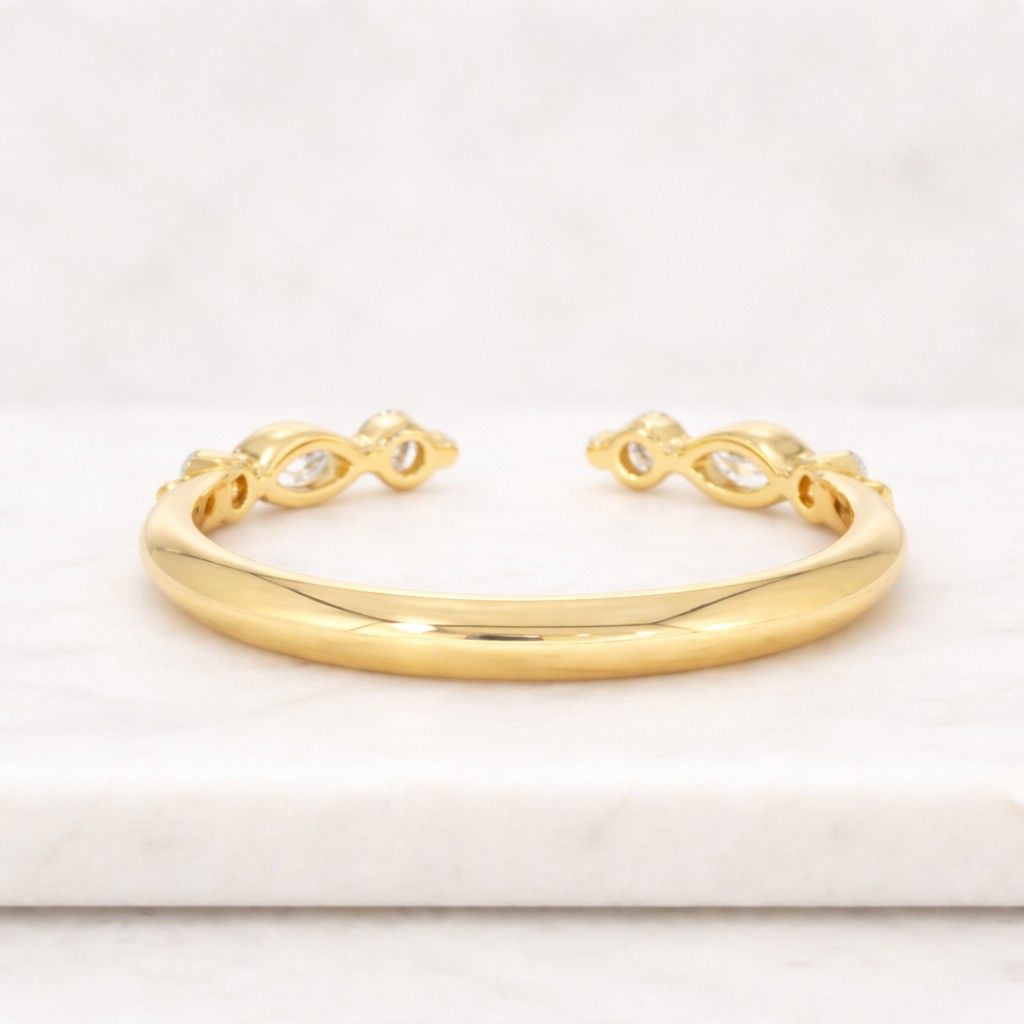 moissanite diamond marquise & round open band, gold plated bypass band, dainty stackable wedding or anniversary band for her
