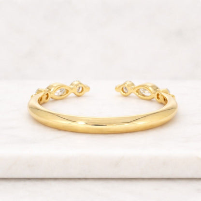 Moissanite Diamond Marquise & Round Open Band, Gold Plated Bypass Band, Dainty Stackable Wedding or Anniversary Band for Her

