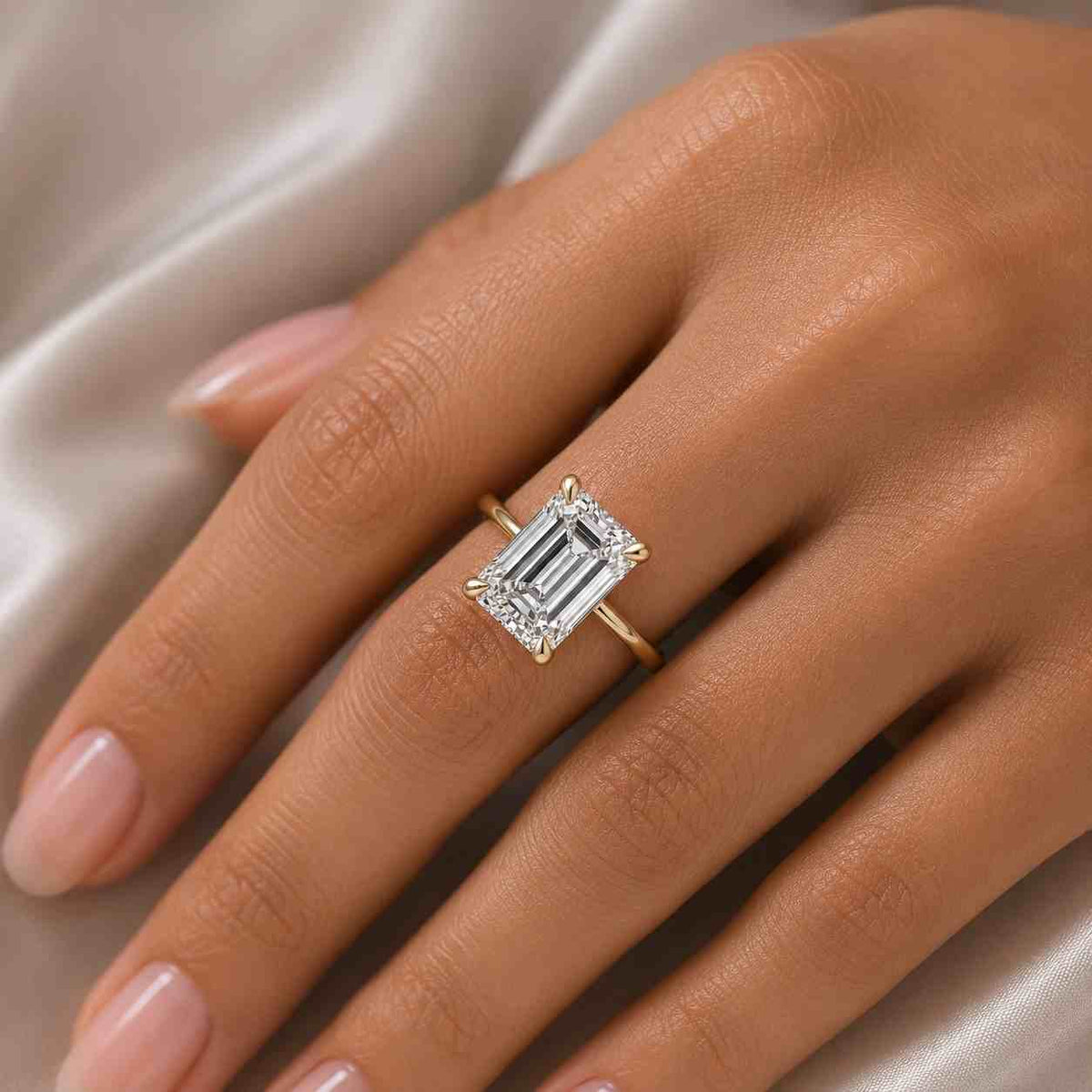 Emerald Moissanite Engagement Ring, GRA Certified Solitaire Ring with Lab Diamond Option, Anniversary Gift
