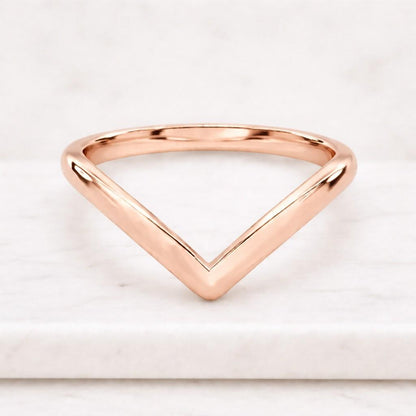 Minimalist Chevron Wedding Band, Solid Gold V Contour Ring, Stackable Bridal Ring, Dainty Wishbone Ring, 14k Gold Stacking Band
