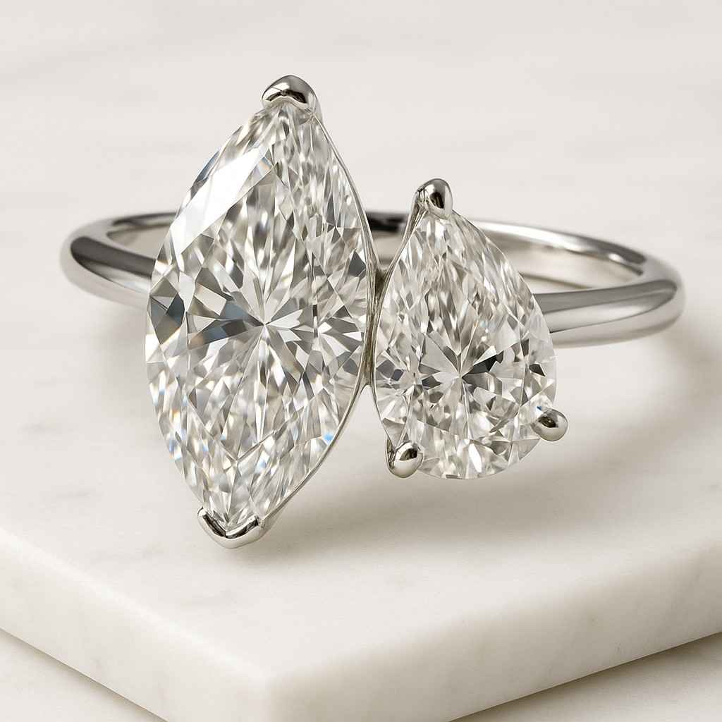 moissanite toi et moi ring pear marquise cut engagement ring