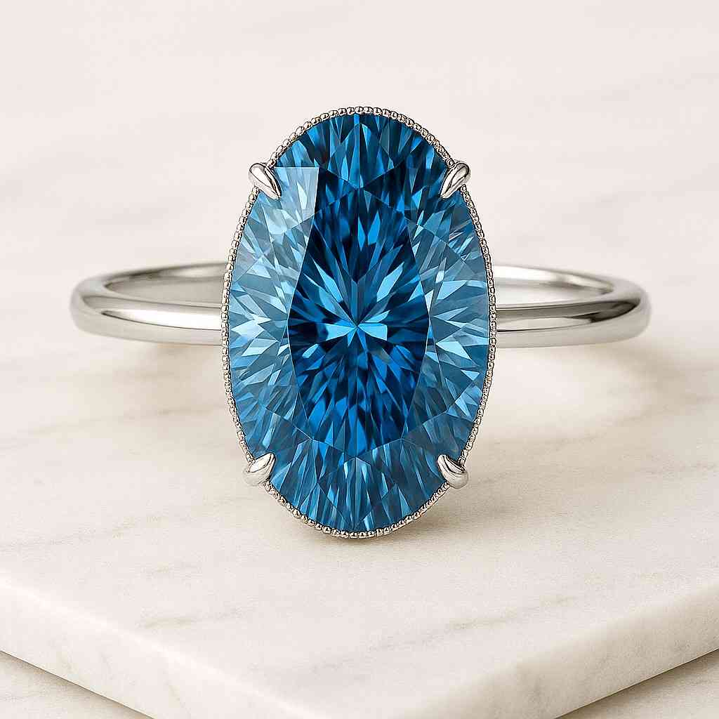 Moissanite diamond rose gold proposal ring her Fancy Blue Oval Lab-Grown Diamond Halo Engagement Ring 14K Gold Pave Set