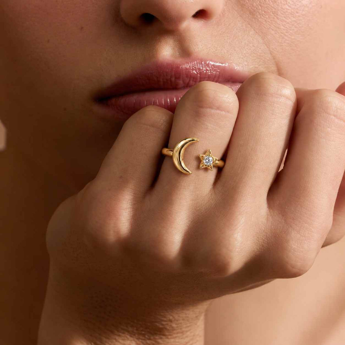 Moon Star Ring, 14K Solid Gold Crescent Ring, Lab Grown Diamond Open Band, Dainty Celestial Jewelry for Women
