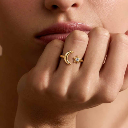 Moon Star Ring, 14K Solid Gold Crescent Ring, Lab Grown Diamond Open Band, Dainty Celestial Jewelry for Women

