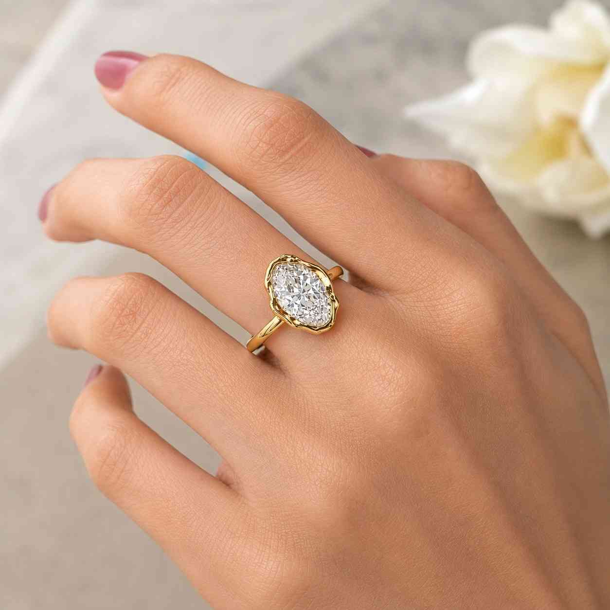Moval Cut Lab Grown Diamond Engagement Ring, Antique Milgrain Bezel Set Wedding Ring, Solitaire Promise Ring, 14K Gold Bridal Jewelry Gift
