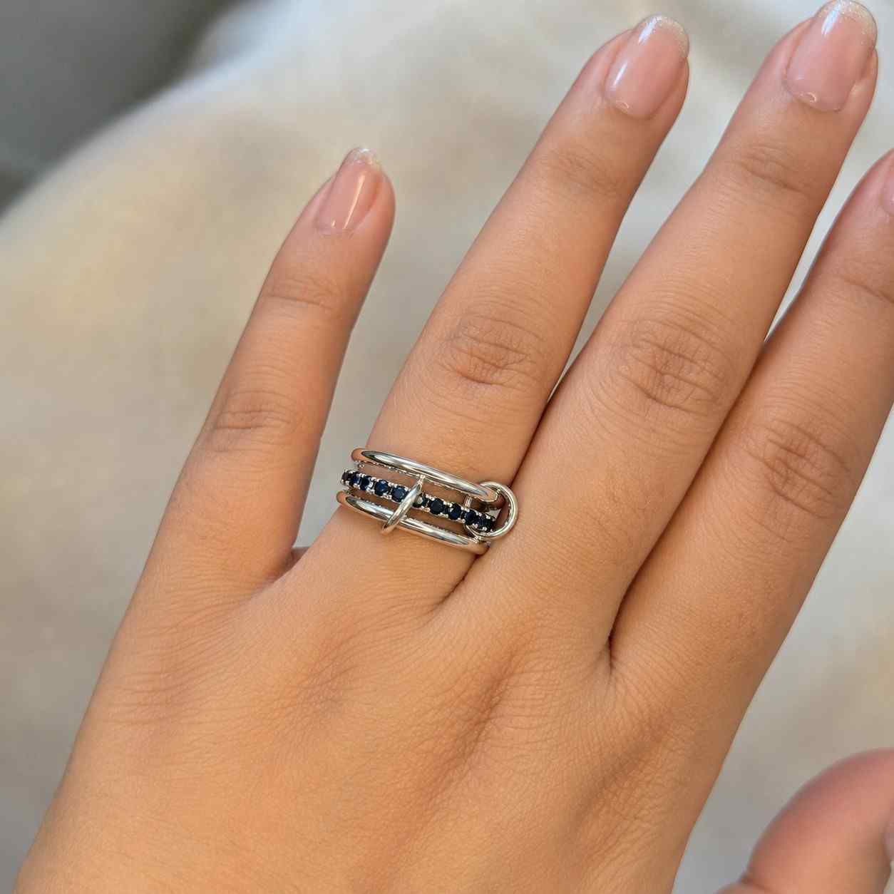 Multi Link Ring, Sapphire Pave, 14K Gold Plated Connectors, Sterling Silver