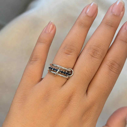 Multi Link Ring, Sapphire Pave, 14K Gold Plated Connectors, Sterling Silver