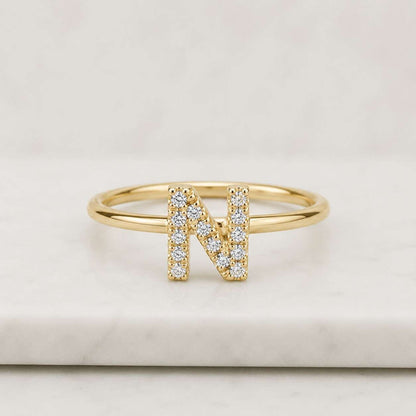14K Solid Gold Diamond Initial Ring, Personalized Stone Letter Ring, Dainty Custom Initial Jewelry, Minimalist Stacking Ring, Gift for Her