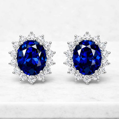Natural Blue Sapphire & Diamond Halo Stud Earrings / Solid 14k Gold / Oval Shape Sapphire Earrings, Halo Diamond Earrings, Gift for her
