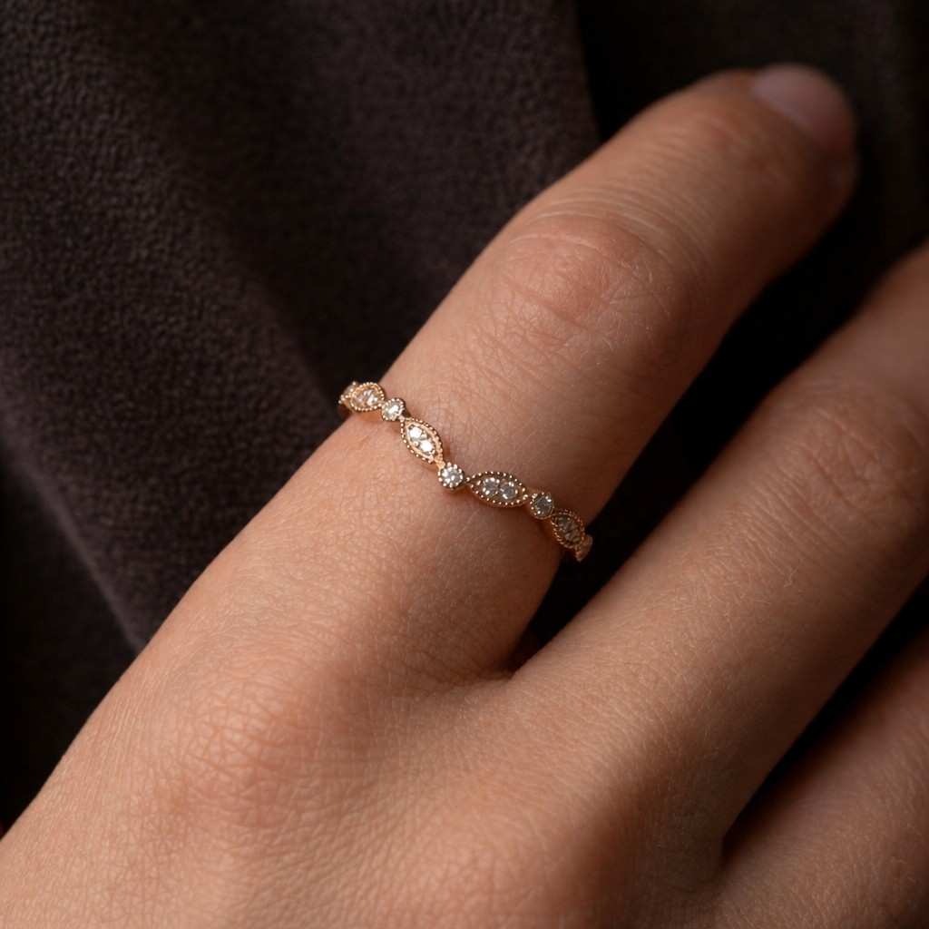 Round Cut Lab Grown Diamond Chevron Ring 14K Gold Minimalist Curved Wedding Band Milgrain Stacking Ring Dainty Diamond V Band Gift for Her

