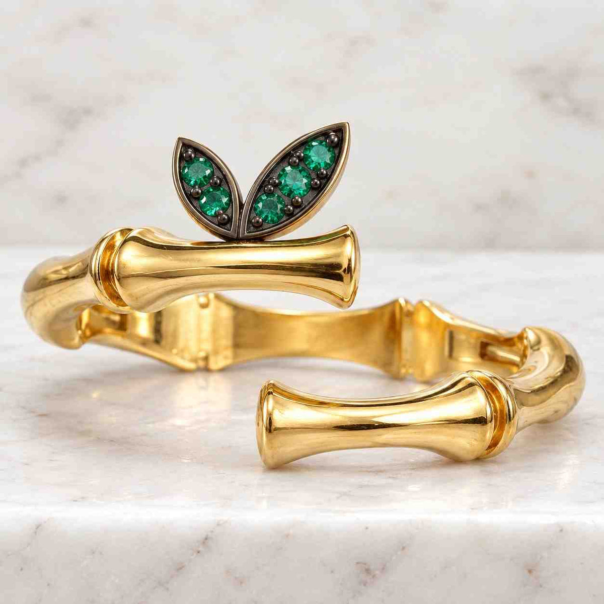 natural emerald & diamond leaf open cuff wrap ring, 14k yellow gold, nature inspired

