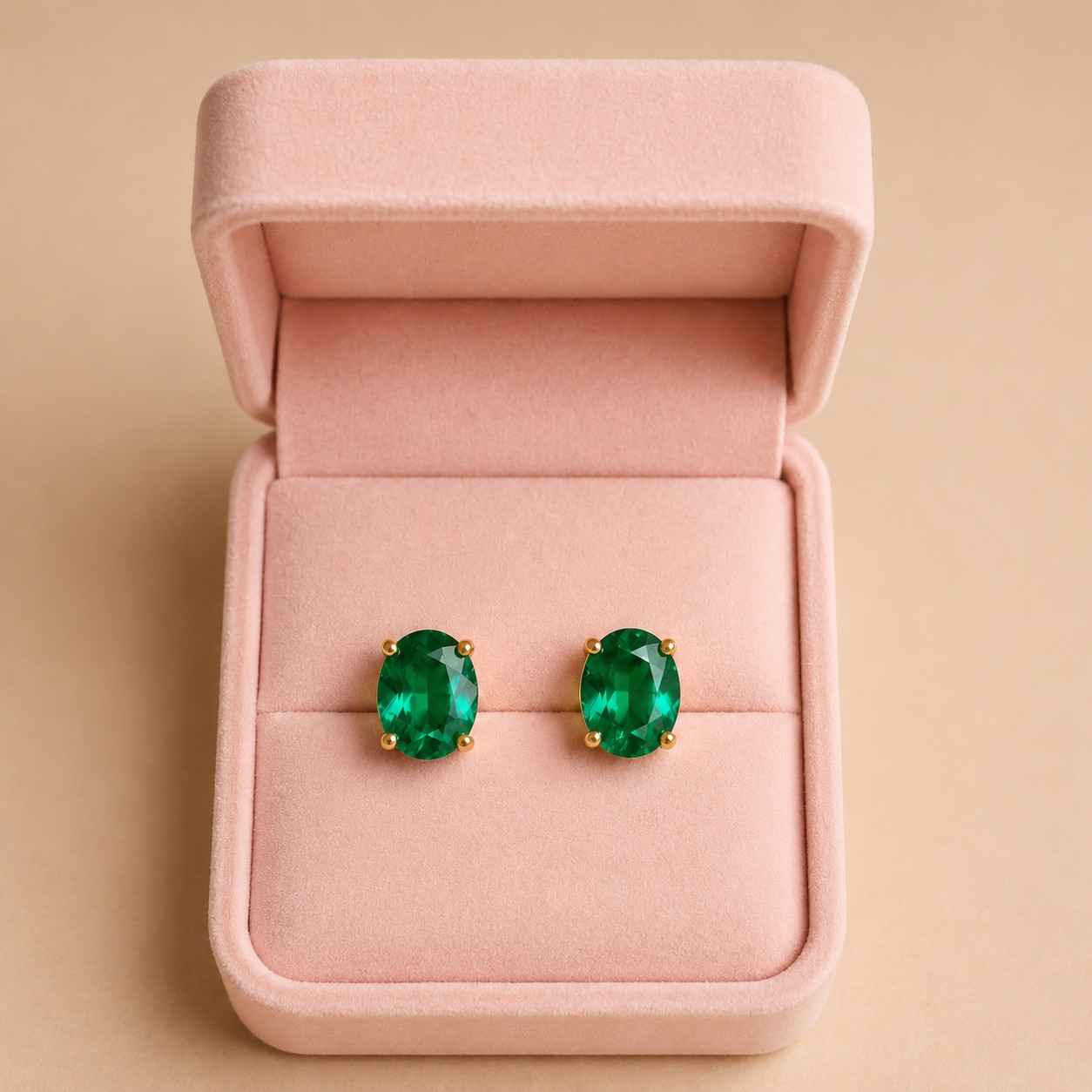 natural oval emerald stud earring: 14k gold dainty green gemstone studs, may birthstone gift
