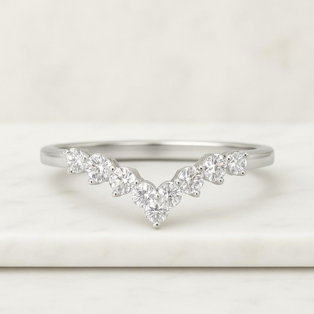 Natural Round Diamond Wedding Band Minimalist 14K White Gold Curved Band