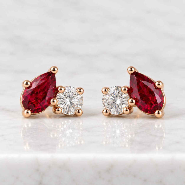 Natural Ruby Diamond Stud Earrings 14k Gold, Pear Ruby Studs, July Birthstone Gift, Genuine Gemstone
