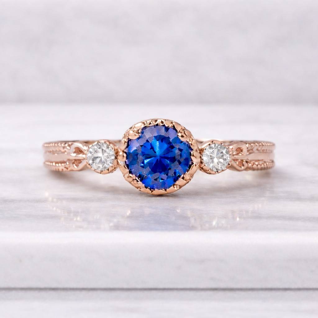 1920s vintage blue sapphire three stone ring, 14k gold engraved gold engagement ring, blue round gemstone ring, heirloom ring gift for her
