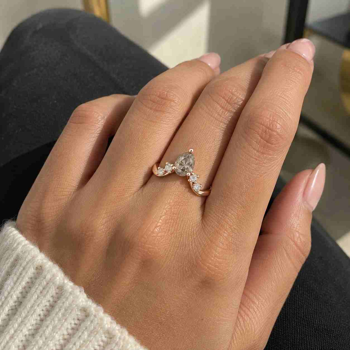 Natural Salt and pepper Diamond Engagement Ring, Twisted Band Pear Cut Black Grey Diamond Rings Jewelry, Black Diamond Ring Gi